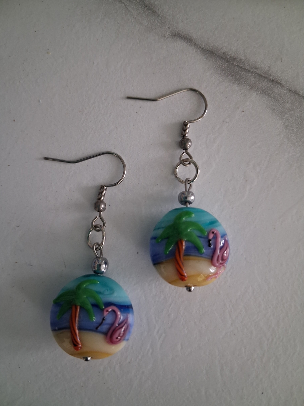 Handmade Tropical Palm & Flamingo  Bead Earrings - Blue